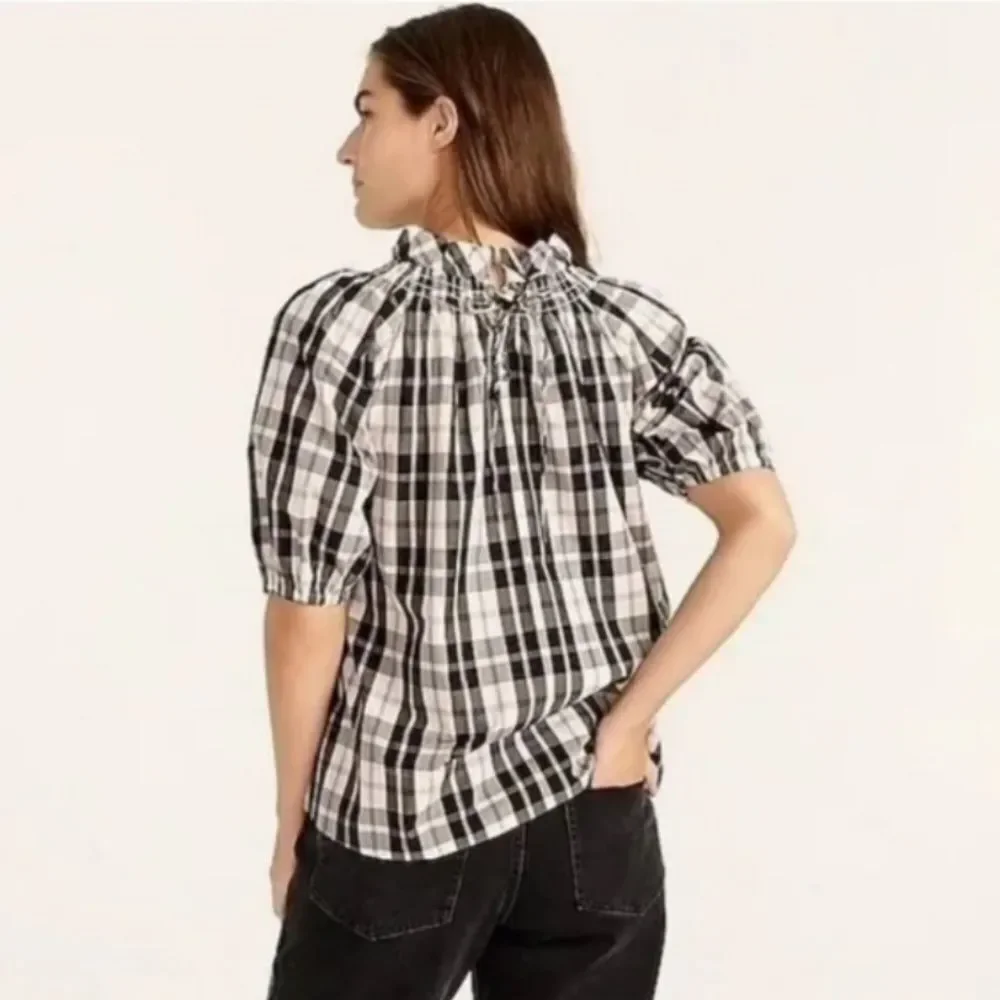J.Crew Plaid Puff Sleeve Peasant Top Smocked Neck Cotton Blouse Small